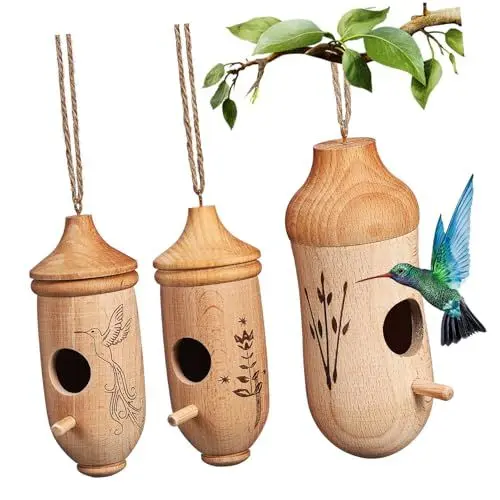 Produktbild: BEBEMOKO 3St Kolibrihaus auf der Außenterrasse Nisthaus für Gartenvögel Vogelhaus hängen Gartendekoration Vogelnest aus Holz Vogelhäuschen für draußen Kolibri-Nest aus Holz hölzern Beige