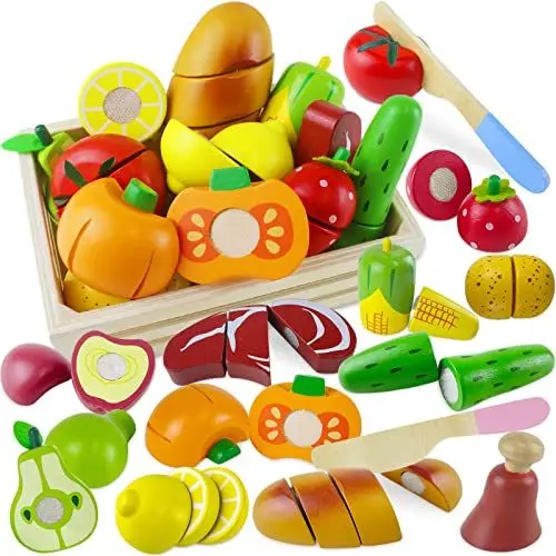 Produktbild: Beberolen Kinderküche Spielküche Zubehör aus Holz, Holzspielzeug Küchenspielzeug Schneiden Obst Gemüse Lebensmittel Holz mit Klett-Verbindung für Kinder, Lernspielzeug Rollenspiele Geschenk