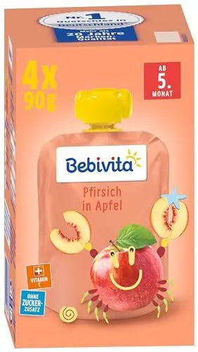 Produktbild: Bebivita Baby Quetschbeutel Pfirsich in Apfel, 4er Pack ( 4 x 4 x 90 g )