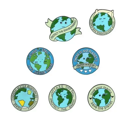 Produktbild: Bebochoi Karikatur Emaille Pins Set, 7 Stück Metall Emaille Brosche Pins, Grünes Rundes Umweltfreundliches Metallabzeichen, Ich Liebe Die Erdbrosche für Kleidung, Taschen, Jacken, Zubehör Diy Handwerk