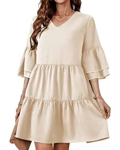 Produktbild: BebreezChic Damen Sommerkleider V-Ausschnitt 3/4 Arm Elegant Kurzes Kleider Loose Rüschen Einfarbig Minikleider Casual, Beige M