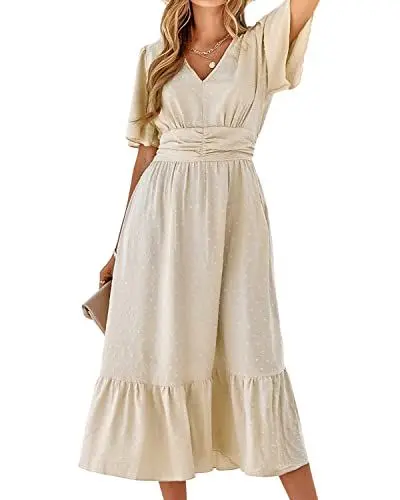 Produktbild: BebreezChic Sommerkleid Damen Lang Boho Elegant Kurzarm V-Ausschnitt Hohe Taille Swiss Dot Gerafft Blumen Strandkleid Maxikleid, Beige L