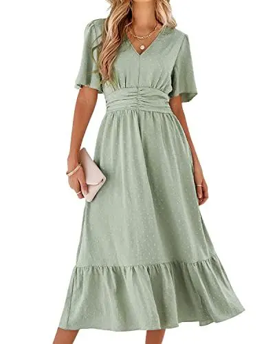 Produktbild: BebreezChic Sommerkleid Damen Lang Boho Elegant Kurzarm V-Ausschnitt Hohe Taille Swiss Dot Gerafft Blumen Strandkleid Maxikleid, Hellgrün XL