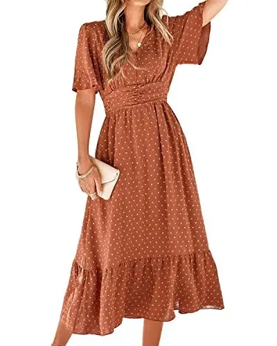 Produktbild: BebreezChic Sommerkleid Damen Lang Boho Elegant Kurzarm V-Ausschnitt Hohe Taille Swiss Dot Gerafft Blumen Strandkleid Maxikleid, Karamell S
