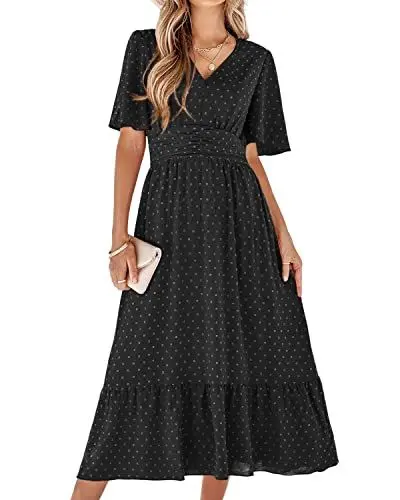 Produktbild: BebreezChic Sommerkleid Damen Lang Boho Elegant Kurzarm V-Ausschnitt Hohe Taille Swiss Dot Gerafft Blumen Strandkleid Maxikleid, Schwarz XL