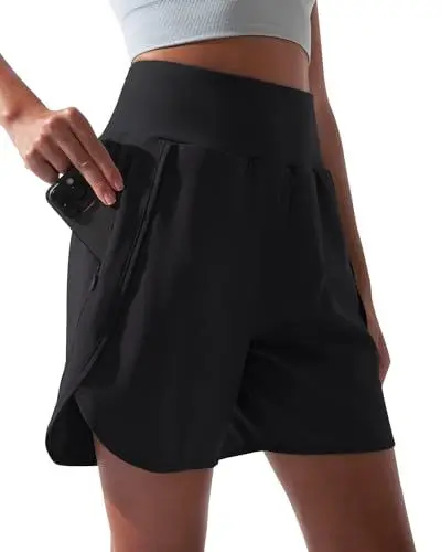 Produktbild: BebreezChic Sporthose Kurz Damen Sommer High Waist Women Sport Shorts 2 in 1 mit Tasche, Schwarz, M