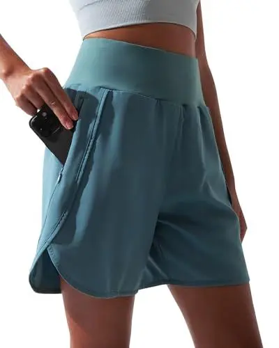 Produktbild: BebreezChic Sporthose Kurz Damen Sommer Hohe Taille Sport Shorts 2 in 1 mit Tasche Schnelltrocknende Running Shorts Fitness Yoga Kurze Hose