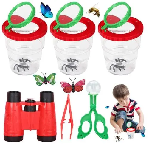 Produktbild: TGKYK Becherlupe Set, 11 Stück Becherlupen für Kinder Set mit Fernglas und Pinzetten, Faltbares Lupenbecher Kinder, Lupenglas für Kinder, Insektenglas mit Lupe Kinder für Insekten Forschen Outdoor