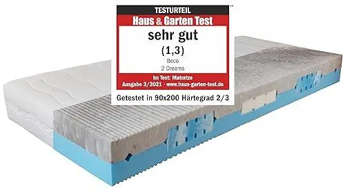 Produktbild: BeCo Matratzen KG Komfortschaummatratze 2 Dreams, 2 in 1 Wendematratze mit Soften Gelschaum Einlagen, 21 cm Komforthöhe, 7 ergonomische Liegezonen, Größe:90 x 200 cm, Härtegrad:H2 & H3 (0kg - 120