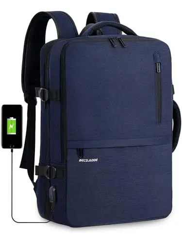Produktbild: BECOJADDE Handgepäck Rucksack Flugzeug mit Laptopfach Business Laptop Rucksack Herren Arbeitsrucksack Reiserucksack Backpack für 17 Zoll Laptop, Marineblau