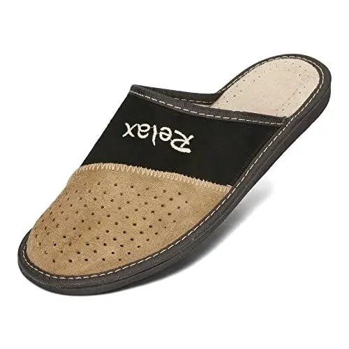 Produktbild: BeComfy Herren Hausschuhe Leder mit Stickerei VIP KingDad Supermen Relax Männer Pantoffeln 40-46 EU (Schwarz Beige, EU Schuhgrößensystem, Erwachsene, Numerisch, M, 42)