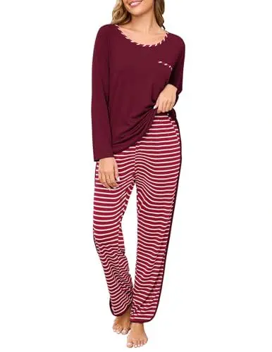 Produktbild: Becotal Damen Zweiteiliger Schlafanzug Winter Baumwolle Pyjama Set Lang Streifen Loungewear mit Bündchen, Rundhals, Langarm, Weinrot, L