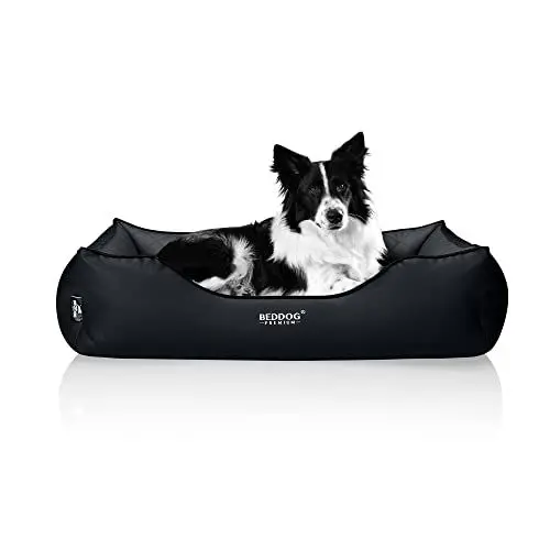 Produktbild: BedDog Premium Orthopädisches Hundebett Buffy, Hundesofa aus Kunstleder, Abnehmbarer Bezug, Kuschel-Decke Zugabe - The-Rock (schwarz/grau)