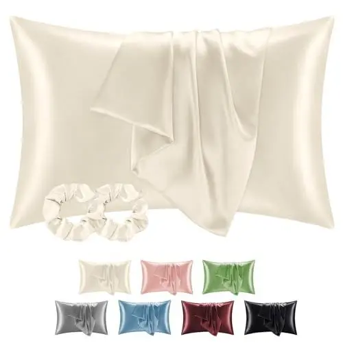 Produktbild: BEDELITE Satin Kissenbezug 40 x 80 Beige - Kopfkissenbezug 2er Set Weich wie Seidenkissenbezug 40x80 Sommer mit 2 Haargummis für Haar und Haut, Similar to Silk Pillowcase Pillow Cover