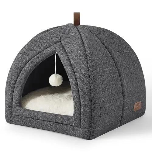 Produktbild: BEDSURE Katzenbett große Katzen Katzenhöhle- 40x40x40 cm Katzenhaus Indoor mit abnehmbarem Sherpa Katzenkissen und hängendem Spielzeug, Katzen Bettchen waschbar, dunkelgrau