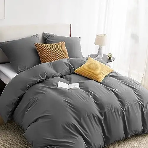 Produktbild: BEDSURE Bettwäsche 155x220 3teilig Anthrazit - 1 Bettbezug 155x220 cm + 2 Kissenbezüge 80X80 cm, ÖKO-TEX Bettwäsche-Sets Grau Polyester Mikrofaser mit Reißverschluss