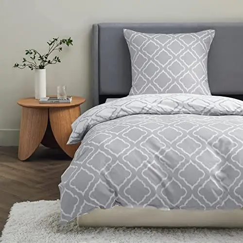 Produktbild: BEDSURE Bettwäsche 135x200 2teilig Bettbezug - Bettwäsche-Sets 135 x 200 cm mit Kissenbezug 80x80 cm, Weich Wendebettwäsche Bedding Gitter Grau Muster für Einzelbett mit Reißverschluss