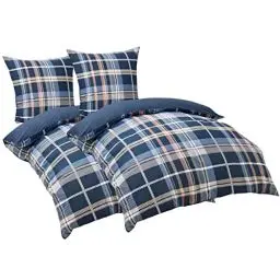 Produktbild: BEDSURE Bettwäsche 135x200 4teilig Baumwolle - Bettwäsche-Sets 2er Set Bettbezug Warm mit 2 Kissenbezüge 80x80 cm, Oeko-TEX Baumwoll Bettwäsche mit Reißverschluss Blau Kariert Muster