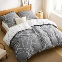 Produktbild: BEDSURE Bettwäsche 135x200 Baumwolle 4teilig - Bettwäsche-Sets Grau Bettbezug 2er Set mit 2 Kissenbezüge 80x80 cm, ÖKO-TEX Wendebettwäsche Bedding Zweige Muster mit Reißverschluss