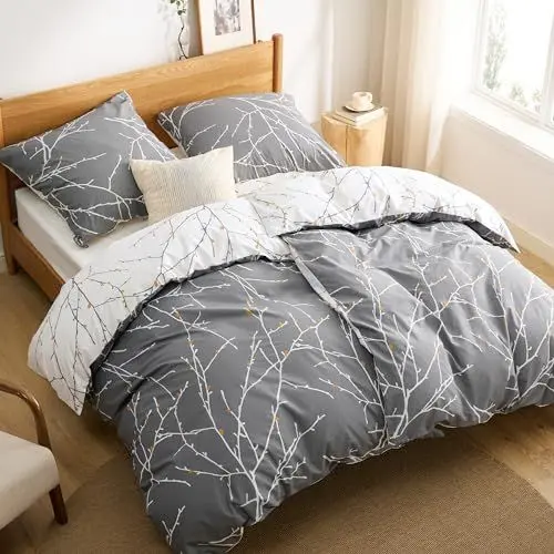 Produktbild: BEDSURE Bettwäsche 135x200 4teilig Baumwolle - Bettwäsche-Sets Grau Bettbezug 2er Set mit 2 Kissenbezüge 80x80 cm, Bettwäsche Warm mit Reißverschluss Zweige Muster