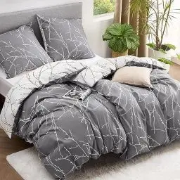 Produktbild: BEDSURE Bettwäsche 135x200 4teilig Bettbezug - Bettwäsche-Sets 135 x 200 cm 2er Set mit 2 Kissenbezüge 80x80cm, ÖKO-TEX Bettwäsche Set Zweige grau Muster mit Reißverschluss
