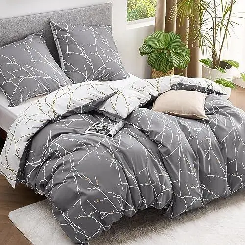 Produktbild: BEDSURE Bettwäsche 135x200 4teilig Bettbezug - Bettwäsche-Sets 135 x 200 cm 2er Set mit 2 Kissenbezüge 80x80cm, ÖKO-TEX Bettwäsche Set Zweige grau Muster mit Reißverschluss