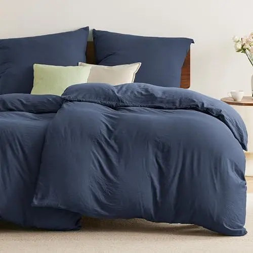 Produktbild: BEDSURE Bettwäsche 135x200 4teilig Marineblau, Weiche Vorgewaschene Baumwollähnlich ÖKO-TEX Bettwäsche-Set, 2 Bettbezug 135x200 cm mit Reißverschluss und 2 Kissenbezüge 80x80 cm