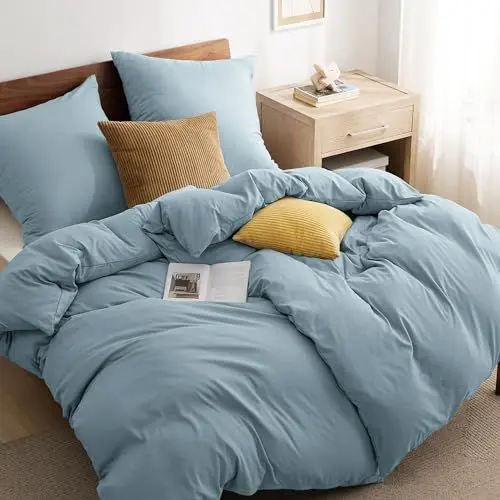 Produktbild: BEDSURE Bettwäsche 135x200 4teilig Mineralblau- Bettwäsche Blau 2 Bettbezüge 135x200 cm + 2 Kissenbezüge 80X80 cm, ÖKO-TEX Bettwäsche-Sets Polyester Mikrofaser mit Reißverschluss