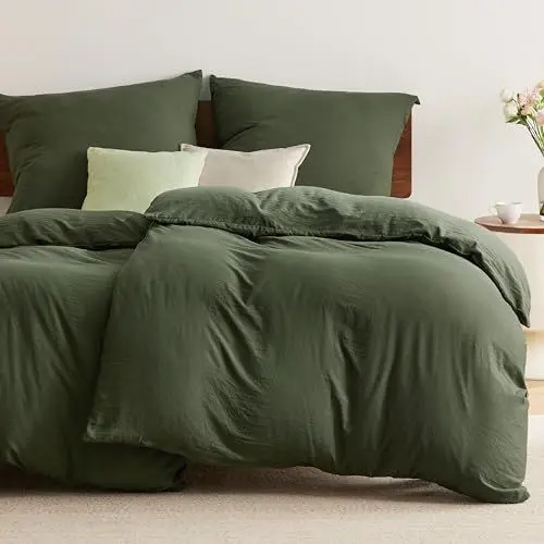 Produktbild: BEDSURE Bettwäsche 135x200 4teilig Olivgrün, Weiche Vorgewaschene Baumwollähnlich ÖKO-TEX Bettwäsche-Set, 2 Bettbezug 135x200 cm mit Reißverschluss und 2 Kissenbezüge 80x80 cm