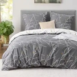 Produktbild: BEDSURE Bettwäsche 155x220 3teilig Bettbezug - Bettwäsche-Sets 155 x 220 cm mit 2 Kissenbezüge 80x80 cm, ÖKO-TEX Bettwäsche Set Muster Grau Zweige für Einzelbett mit Reißverschluss