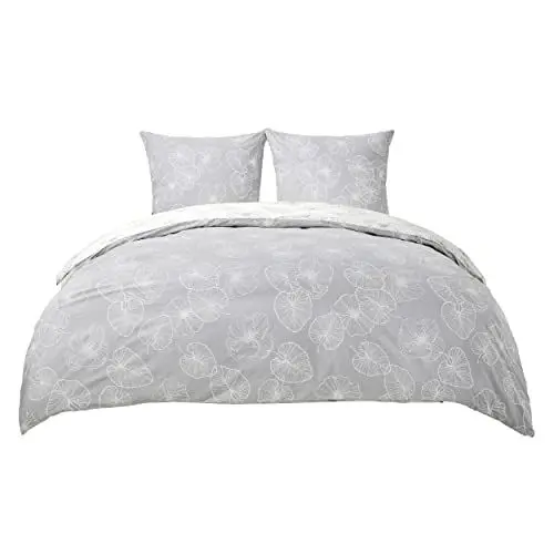 Produktbild: BEDSURE Bettwäsche 200x220 Baumwolle Bettbezug - Bettwäsche-Sets 200 x 220 cm 3teilig Grau mit 2 Kissenbezüge 80x80 cm, ÖKO-TEX Wendebettwäsche Bedding mit Reißverschluss Ginkgo Muster