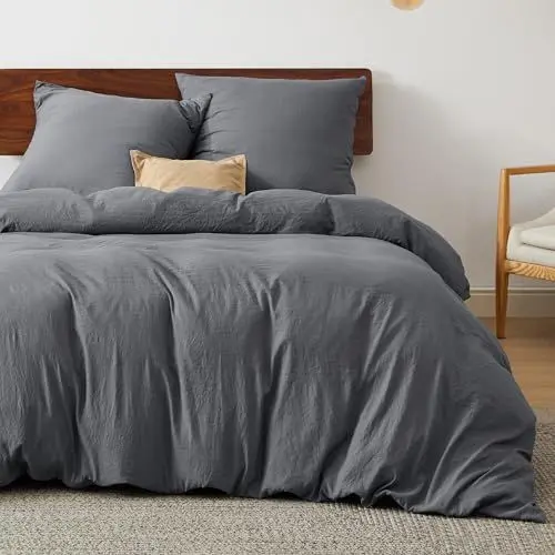 Produktbild: BEDSURE Bettwäsche 200x200 mit Spannbettlaken 4teilig Anthrazit - Weiche Vorgewaschene ÖKO-TEX Polyester Mikrofaser Bettwäsche-Set, 1 Bettbezug 200x200 cm, 1 Spannbettlaken, 2 Kissenbezüge 80x80 cm