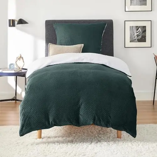 Produktbild: BEDSURE Flauschige Bettwäsche 135x200 Dunkelgrün - Winter Bettbezug Fleece mit 2 Kissenbezüge 80x80 cm, Warme Bettwäsche-Sets mit Reißverschluss, Waffelpique Winterbettwäsche für Einzelbett
