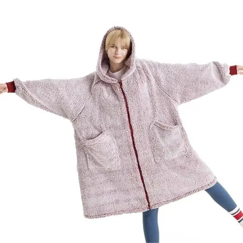 Produktbild: BEDSURE Hoodie Decke mit Ärmeln-Sherpa Kuscheldecke mit Ärmeln Kuschelpullover Tragbare Decke Hoodie als Geschenke für Frauen, Rot