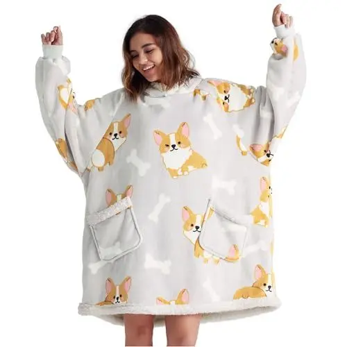 Produktbild: BEDSURE Hoodie Decke mit Ärmeln und Kapuze - Kuscheldecke mit Ärmeln Sherpa Kuschelpullover Damen als Geschenke für Frauen, Corgi, 95x83cm