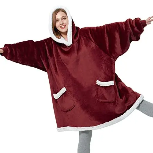 Produktbild: BEDSURE Hoodie Decke mit Ärmeln und Kapuze - Kuscheldecke mit Ärmeln Sherpa Kuschelpullover Damen als Geschenke für Frauen, Rot, 110x90cm