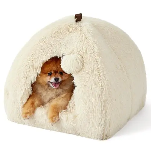 Produktbild: BEDSURE Katzenbett große Katzen Katzenhöhle- 44x44x44 cm Plüsch Katzenhaus Indoor mit abnehmbarem Katzenkissen und hängendem Spielzeug, Katzen Bettchen waschbar, Beige