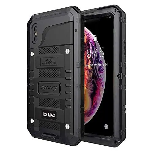 Produktbild: Beeasy Hülle Kompatibel mit iPhone XS Max, Wasserdicht Stoßfest Outdoor Handy Case Militärstandard Schutzhülle mit Displayschutz Robust Metall Schutz vor Stürzen Stößen Heavy Duty Handyhülle,Schwarz