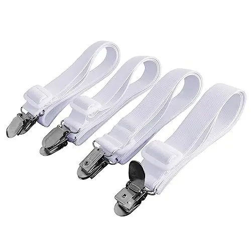 Produktbild: Beedsooth 4 Stück Bettlakenspanner verstellbar(60-200cm), Elastische betttuchspanner, Spanner für Bettlaken, Lakenspanner mit Metallklammern für Bettlaken, Bügelbrett, Matratze oder Sofa, Weiß