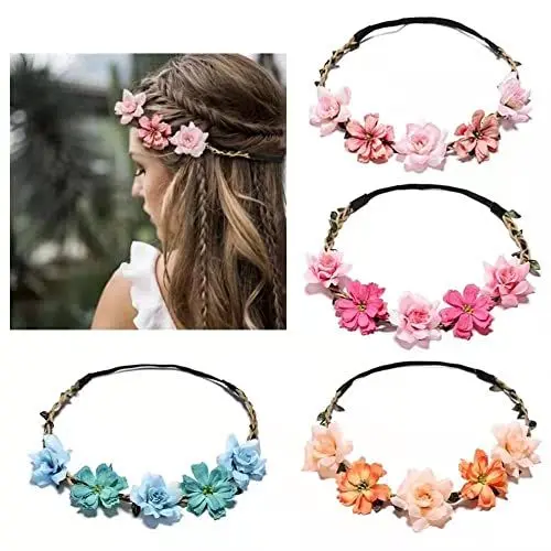 Produktbild: BEEK 0876 4 Stück Rose Mehrfarbig Damen Mädchen Blume Krone Floral Garland Stirnbänder mit Elastischem Band für Festival Hochzeit und Party, Acrylic