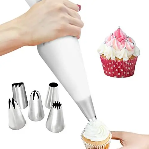 Produktbild: BEEK 0ZFL Spritztüllen Set 6-teilig, 5 Große Tüllen & Silikon Spritzbeutel 40 cm，Wiederverwendbar Spritzbeute,5-Arten von Edelstahlkuchen Dekorationsdüse, Plastic