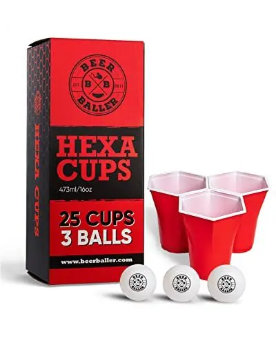 Produktbild: BeerBaller® Hexa Red Cups - WENIGER RANDTREFFER Dank 6-ECKIGER Form! 25 rote Beer Pong Becher & 3 Bier Pong Bälle | 473ml - 16oz Partybecher | Bierpong Becher Set | Red Cups | Beerpongbecher