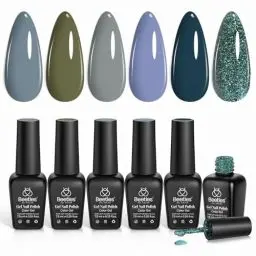 Produktbild: Beetles 6 Farben UV Gel Nagellack Set Snow Mountain Kollektion, Grau, Nude, Blau, Glitzerndes Nagellack Set, Soak-Off-Nagellampe, Herbst Winter Gel Nagel Set Maniküre Set