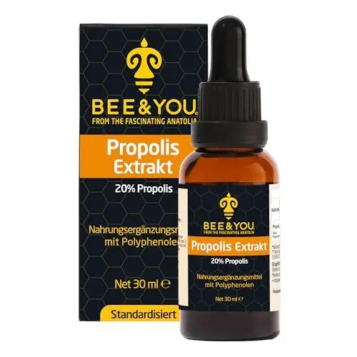 Produktbild: BEE&YOU Propolis Tinktur, Propolis Tropfen 20% (30ml) standardisiert, Zusatzstoffe, Propolis Extrakt reich an nützliche Polyphenole und Flavonoide, in Müsli und Joghurt mischen, 1 Packung