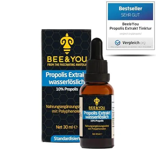 Produktbild: BEE&YOU Propolis Tinktur Tropfen, Extrakt wasserlöslich 10% (30 ml), ohne Alkohol, flüssig, Standardisiert, Keine Zusatzstoffe, auch für Kinder & Tiere geeignet Vergleichssieger 2022