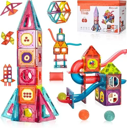 Produktbild: Beeyouk Magnetische Bausteine 3D-Rohrset, Montessori Spielzeug 107 Teile Kinder Magnet Bauspiel,Lernspielzeug Geschenke für Kinder im Alter von 3, 4, 5, 6, 7 und 8