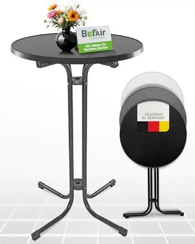 Produktbild: BeFair Stehtisch Klappbar Anthrazit, 70 cm Rund, Nico - Stabiler Bartisch in Höhe 110 cm mit 4 praktischen Haken für Jacken oder Handtaschen - Wetterbeständig, mit kratzfester Tischplatte
