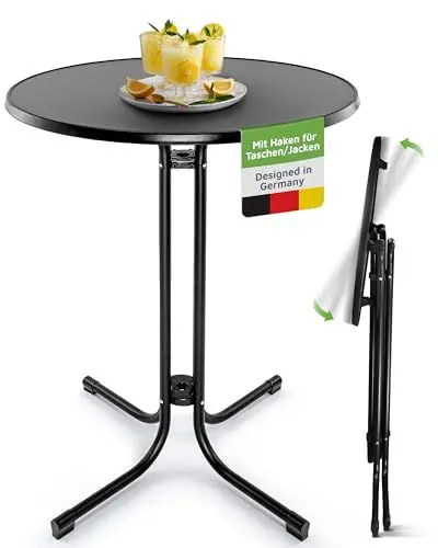 Produktbild: BeFair Stehtisch Klappbar Schwarz, 80 cm Rund, Nico - Stabiler Bartisch in Höhe 110 cm mit 4 praktischen Haken für Jacken oder Handtaschen - Wetterbeständig, mit kratzfester Tischplatte