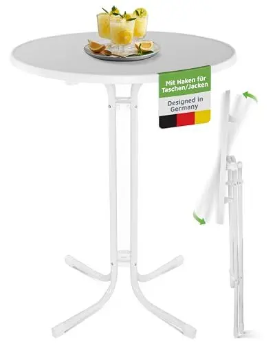 Produktbild: BeFair Stehtisch Klappbar Weiß, 70 cm Rund, Nico - Stabiler Klapptisch in Höhe 110 cm mit 4 praktischen Haken für Jacken oder Handtaschen - Wetterbeständig, mit kratzfester Tischplatte