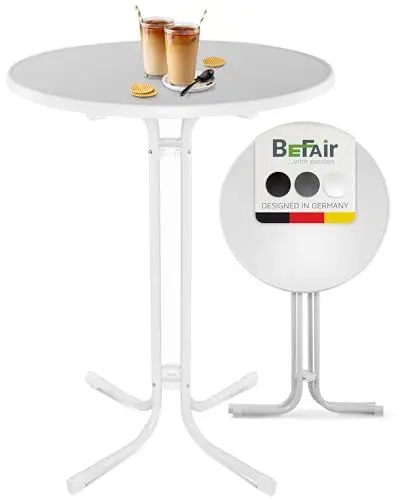 Produktbild: BeFair Stehtisch Klappbar Weiß, 80 cm Rund, Nico - Stabiler Bartisch in Höhe 110 cm mit 4 praktischen Haken für Jacken oder Handtaschen - Wetterbeständig, mit kratzfester Tischplatte